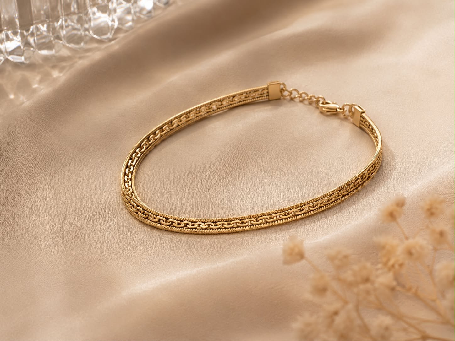 Pulsera de Cadena Trenzada Plana Chapada en Oro 14K