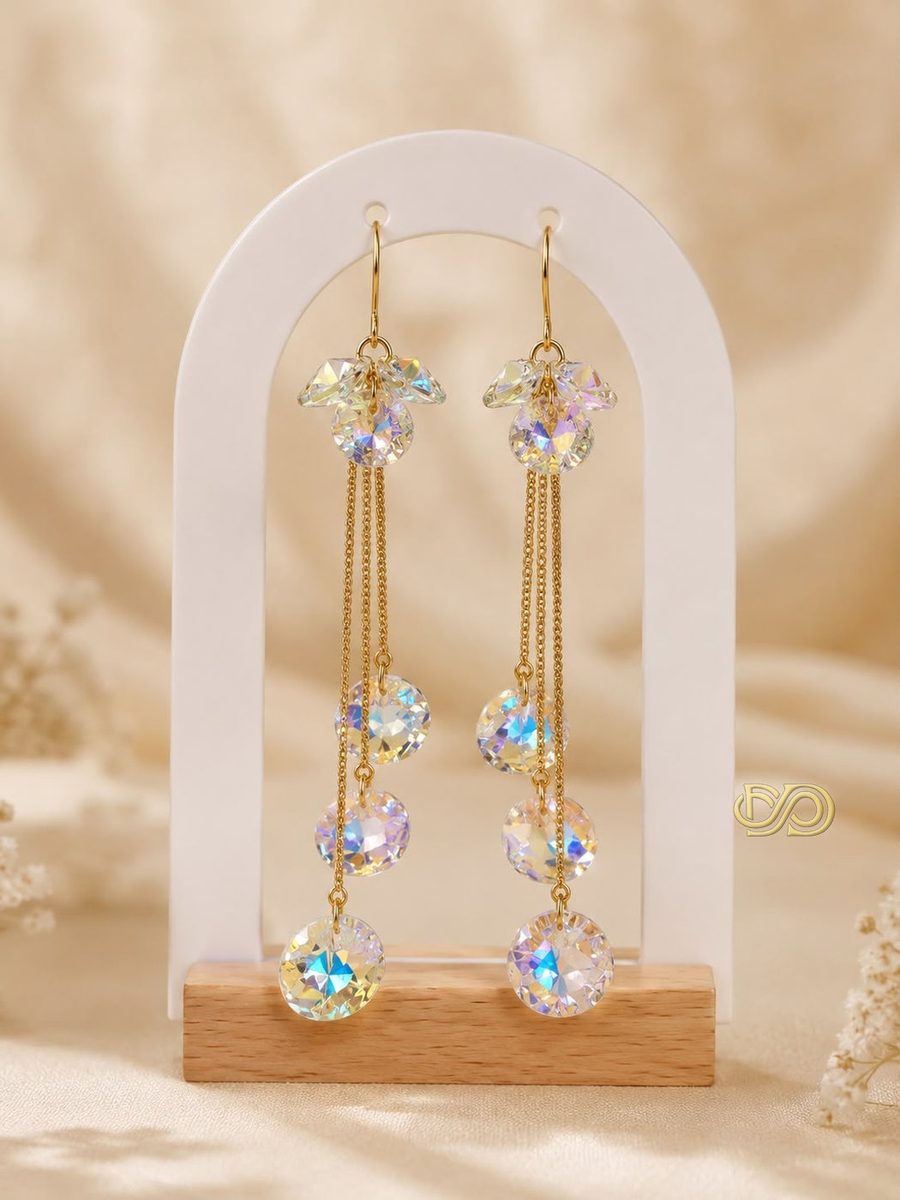 Pendientes Crystal Cascade Chapados en Oro 14K
