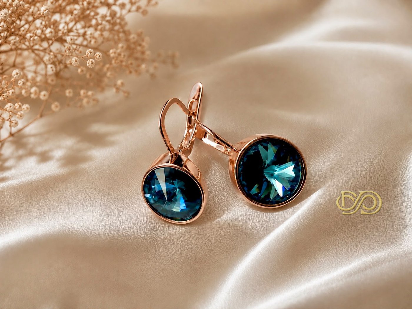 Pendientes cristal Azul Marino Chapados en Oro Rosa