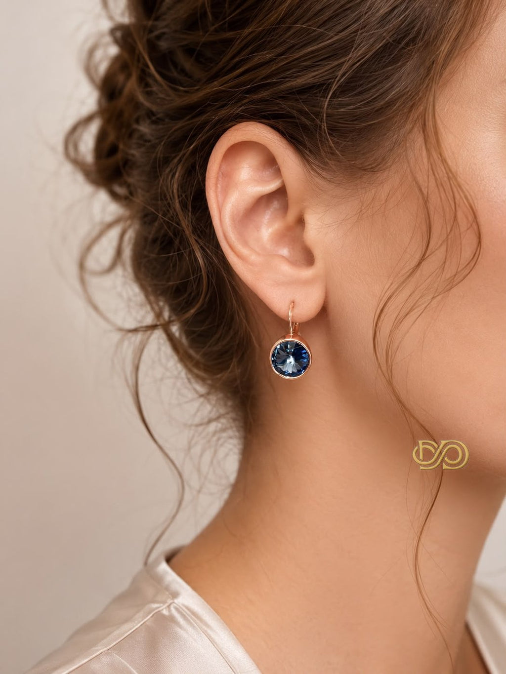 Pendientes cristal Azul Marino Chapados en Oro Rosa